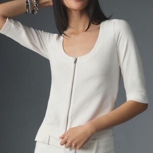 Anthropologie Maeve Front Zip Scoop Neck Top White Shirt Size L